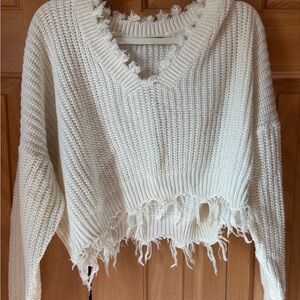 Cozy Cream Distressed V-Neck Sweater